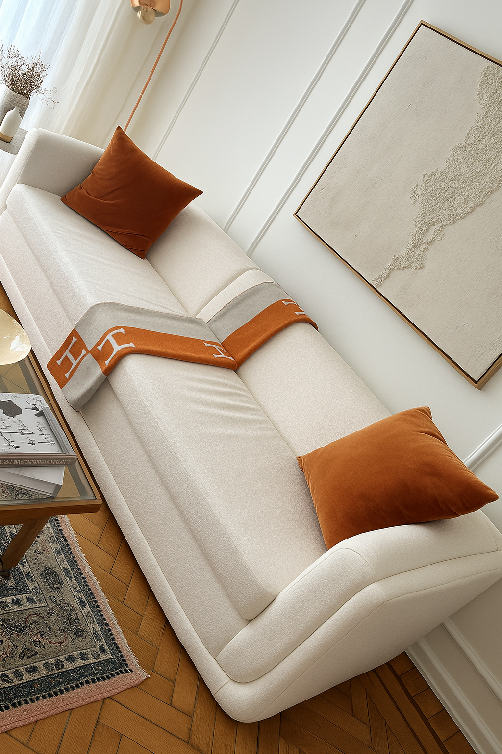 Sillón de tres cuerpos color blanco con dos almohadones de terciopelo terracota y una manta en tonos naranjas, ubicado en un living luminoso con mesa ratona de vidrio y alfombra persa.