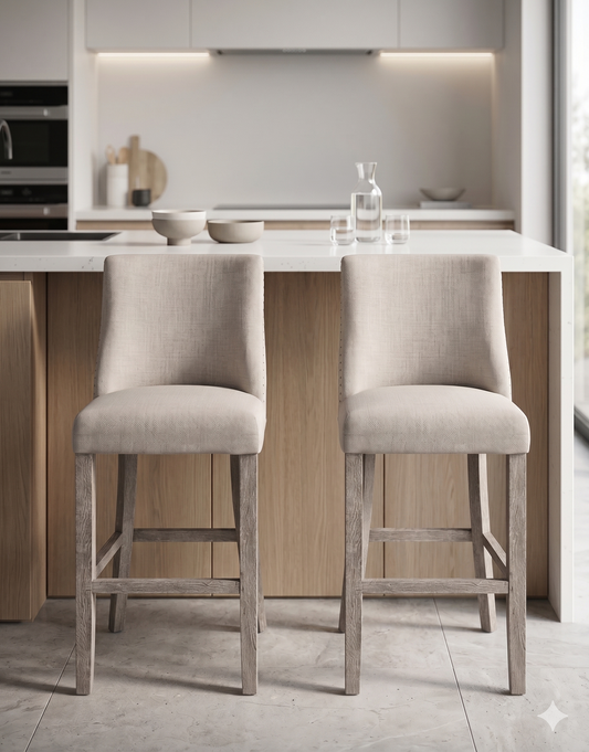 Banqueta alta de diseño contemporáneo con estructura de madera maciza en acabado natural. Presenta un asiento y respaldo integrado, tapizado en pana color claro con textura sutil. Incluye apoyapiés perimetral de madera para mayor estabilidad y confort