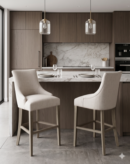 Banqueta alta de diseño contemporáneo con estructura de madera maciza en acabado natural. Presenta un asiento y respaldo integrado, tapizado en pana color claro con textura sutil. Incluye apoyapiés perimetral de madera para mayor estabilidad y confort