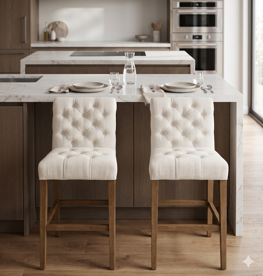 Banqueta alta de diseño contemporáneo con estructura de madera maciza en acabado natural. Presenta un asiento y respaldo integrado, tapizado en pana color claro con textura sutil. Incluye apoyapiés perimetral de madera para mayor estabilidad y confort