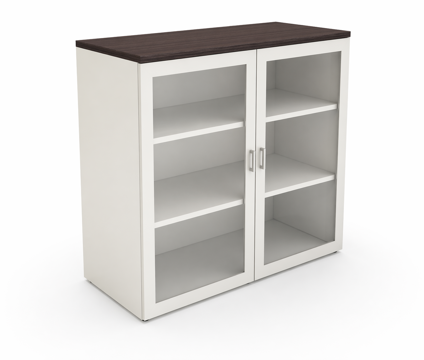 Biblioteca con puertas de vidrio y diseño moderno, ideal para guardado visible y organizado en oficinas.