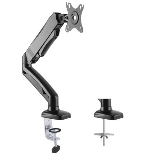 Brazo soporte articulado para monitor plano con base plato, ideal para escritorio.