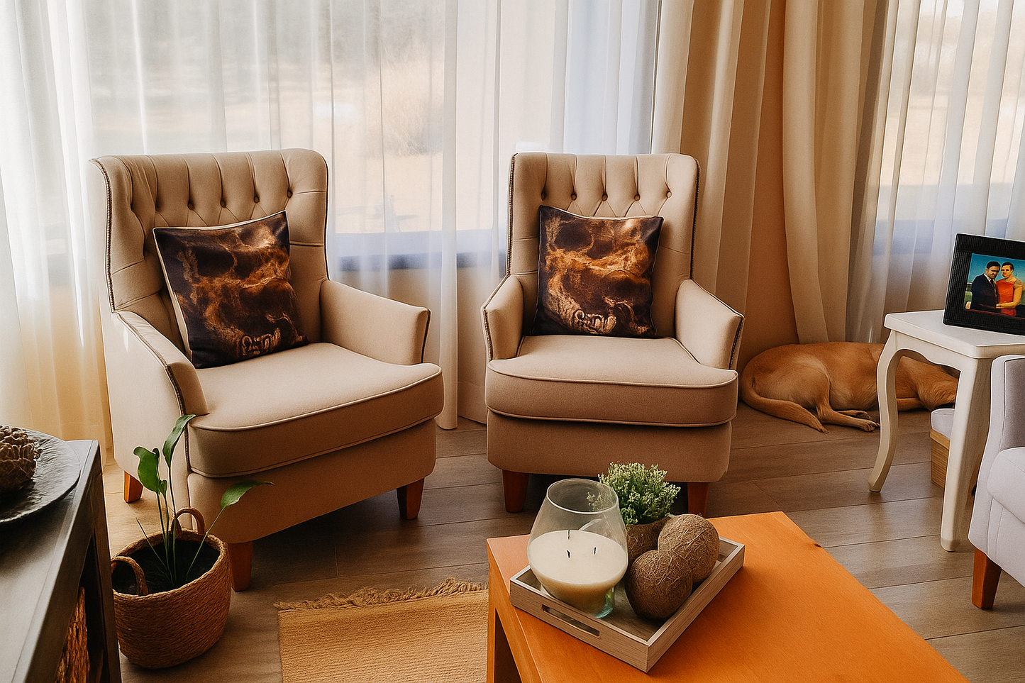 Dos sillones individuales tapizados en tono beige con respaldo capitoné y apoyabrazos rectos, decorados con almohadones estampados en tonos oscuros, ubicados junto a un ventanal con cortinas claras que dejan entrar la luz natural