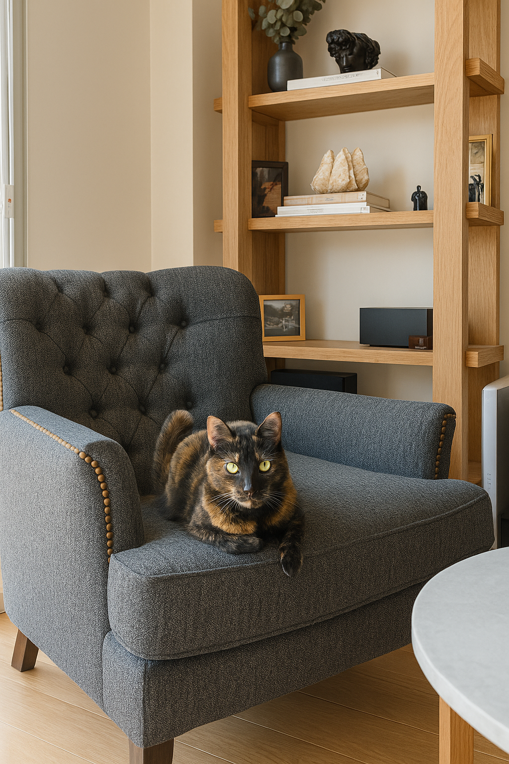 Butaca tapizada en tela gris oscuro con acabado acolchonado y detalles de capitoné en el respaldo. Cuenta con brazos ligeramente curvados y tachuelas decorativas en los bordes, que le aportan un estilo clásico y elegante. La estructura robusta y los cojines mullidos garantizan comodidad y durabilidad. Ideal para espacios de lectura o salones acogedores.