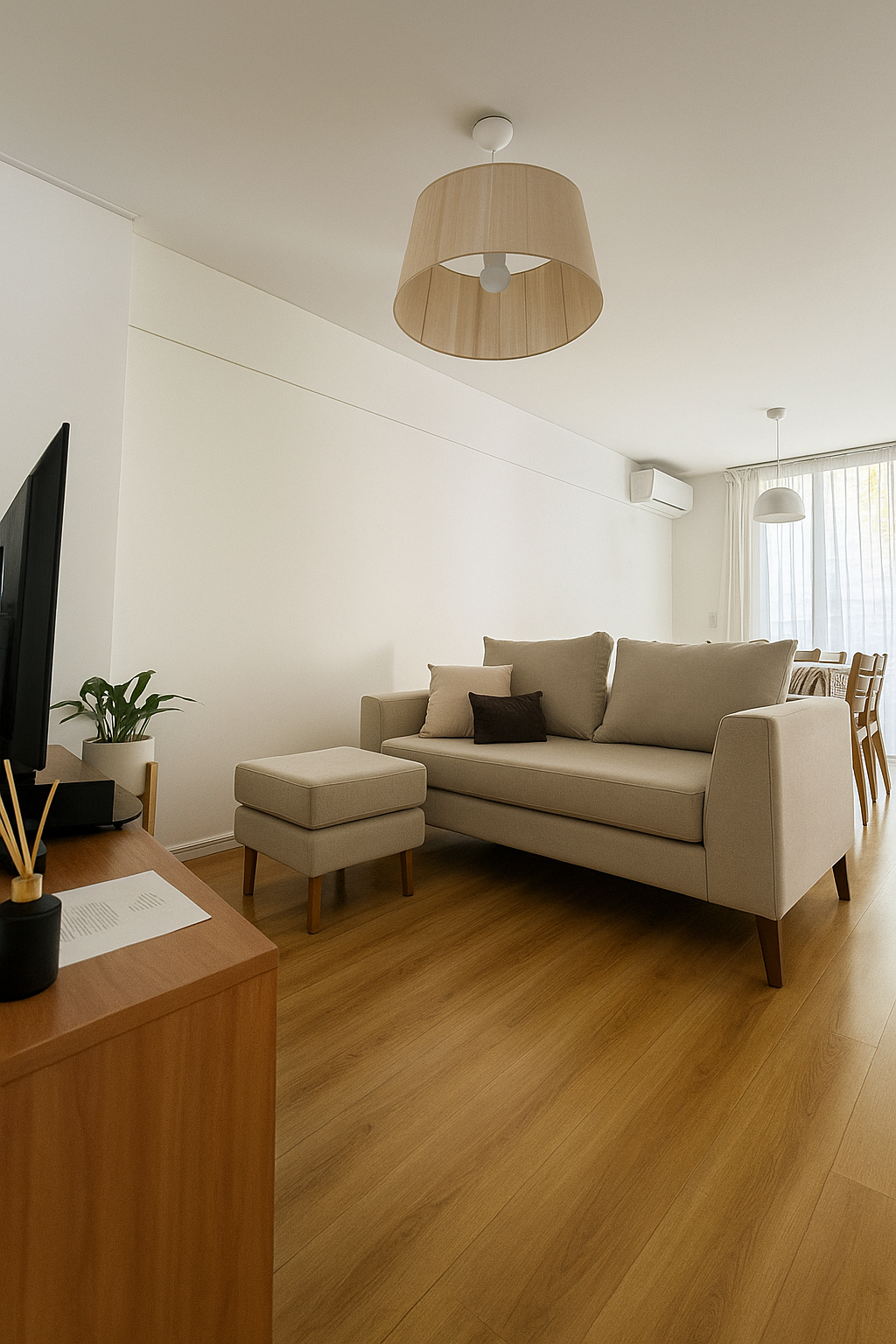 Este elegante sofá beige, con un diseño sencillo y moderno, se adapta perfectamente a cualquier salón. Sus cojines suaves y la estructura de madera clara proporcionan comodidad y estilo, creando un ambiente relajante y acogedor. El reposapiés y la lámpara de techo complementan perfectamente el espacio, mientras que la luz natural que entra por las ventanas acentúa la frescura y luminosidad del entorno.