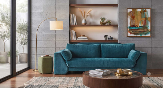 Sofá Magnus de dos cuerpos tapizado en tela, diseño moderno y elegante para livings amplios - Tienda de Banquitos
