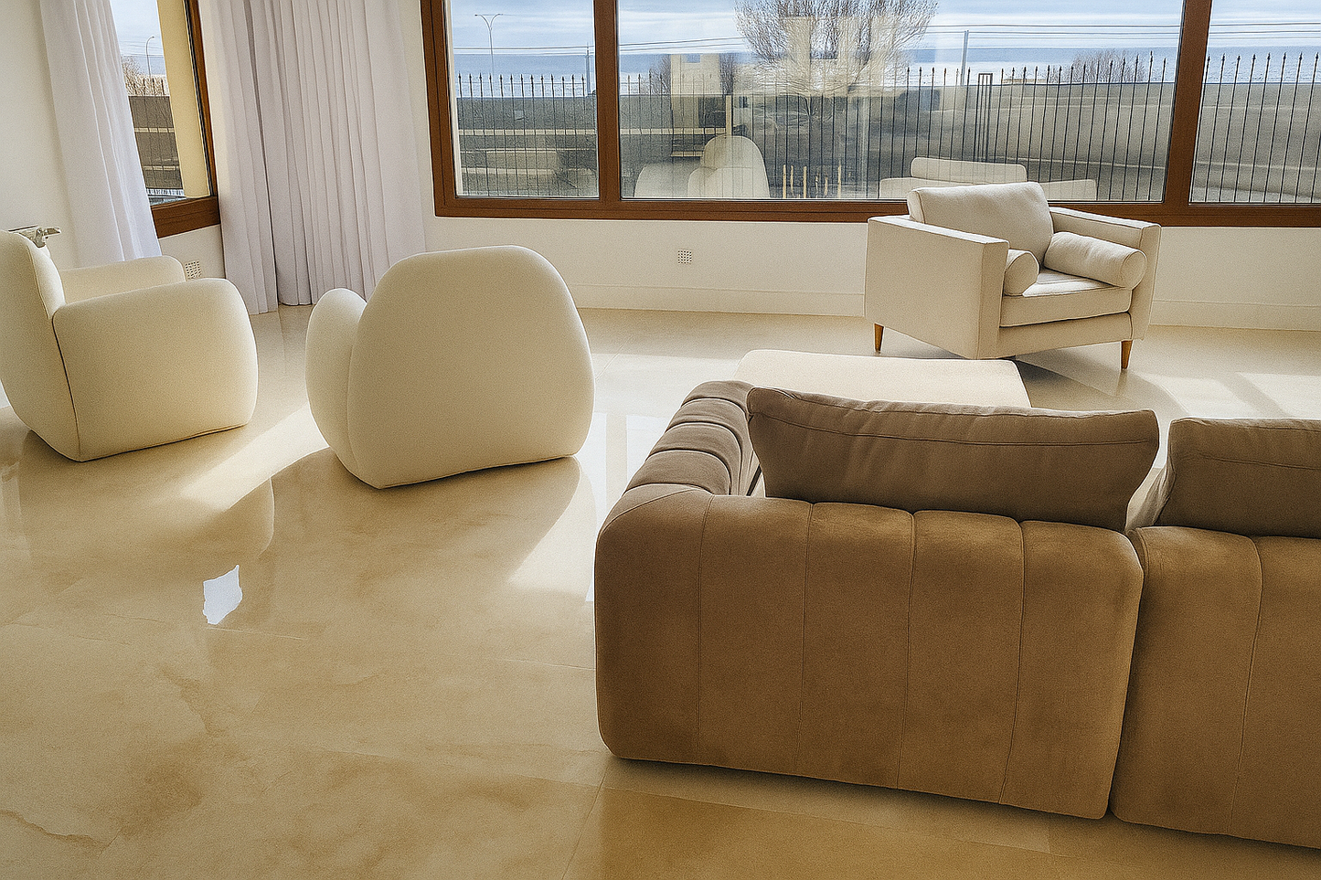 Living luminoso con sillón modular marrón aterciopelado y dos butacas tapizadas en tono beige, frente a un gran ventanal con vista al exterior.