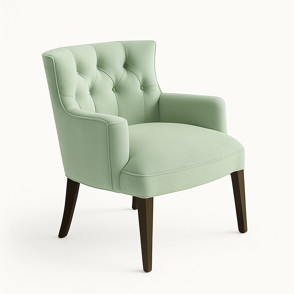Butaca tapizada en verde con respaldo bajo y apoyabrazos rectos. Sillón moderno ideal para niños o decoración de espacios delicados.
