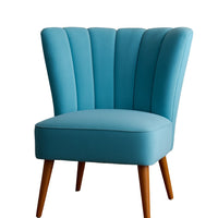 Sillón matero Alpes tapizado en azul con respaldo en forma de pétalos y patas de madera – Tienda de Banquitos