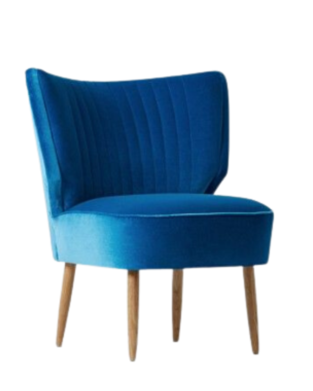 Sillón tapizado en azul con respaldo curvo acanalado y patas de madera clara. Perfecto para espacios infantiles o rincones de lectura.