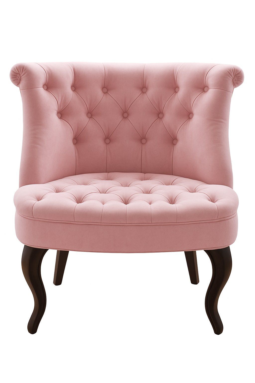 Sillón estilo clásico con capitoné rosa y patas curvas oscuras. Perfecto para habitaciones infantiles, rincones de té o estilo romántico.