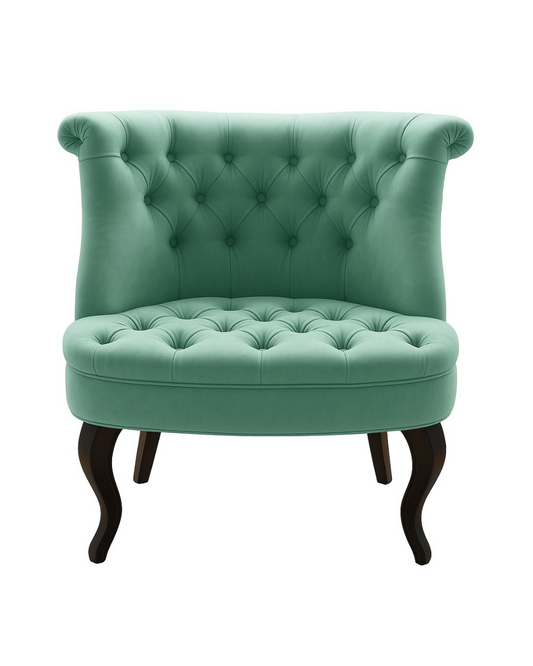 Sillón estilo clásico con capitoné verde y patas curvas oscuras. Perfecto para habitaciones infantiles, rincones de té o estilo romántico.