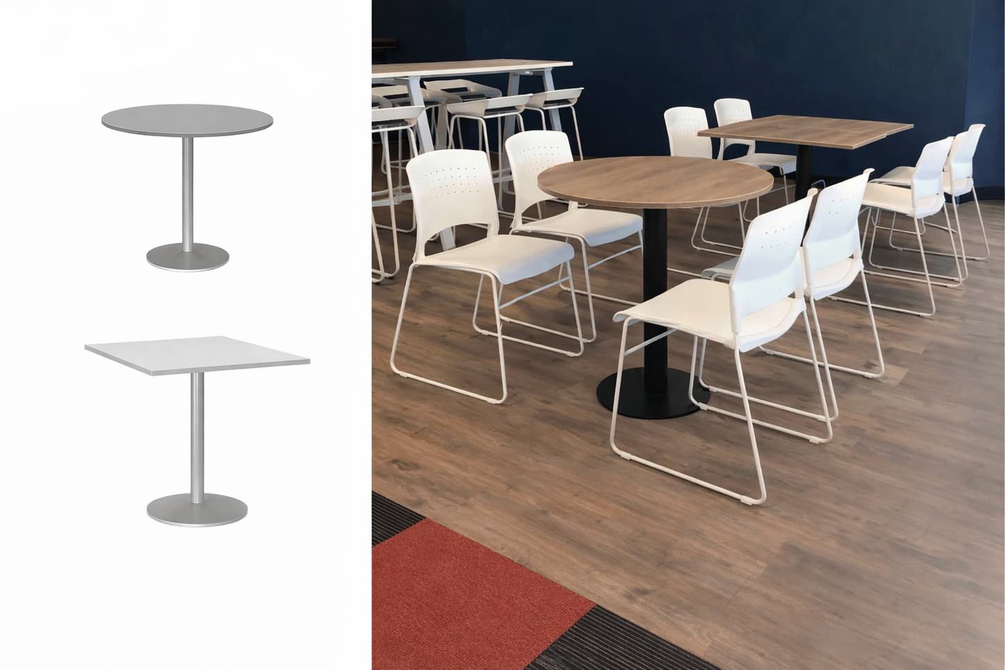 Mesa Plato con base central y pie tipo plato, ideal para espacios de break coffee en oficinas.