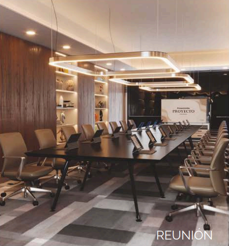 Mesa de oficina línea Avant en sala de reuniones, con diseño moderno y estructura elegante, ideal para uso gerencial, operativo o reuniones laborales.