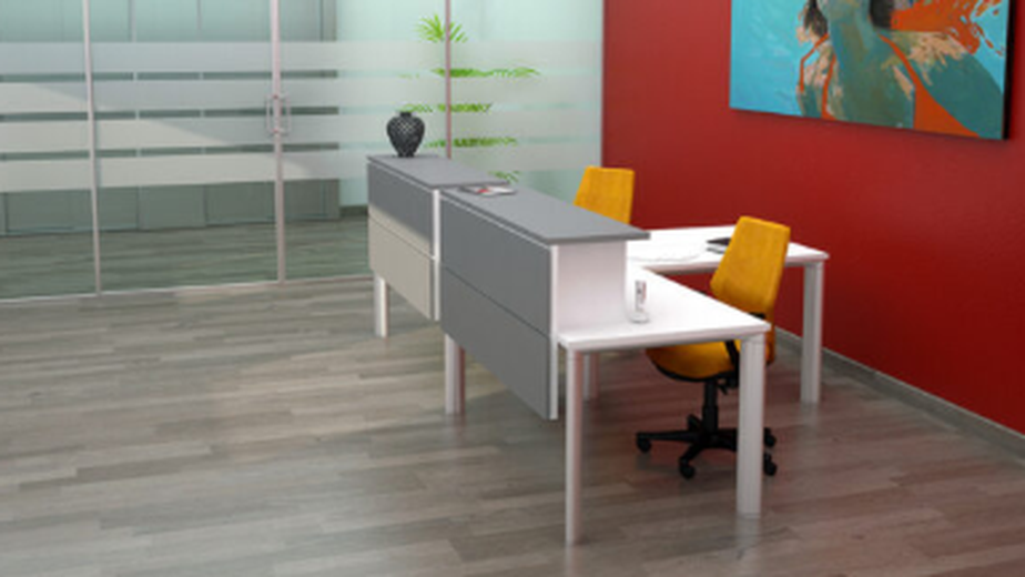 Recepción Equinox con diseño moderno y frente texturado, ideal para oficinas y espacios de atención.