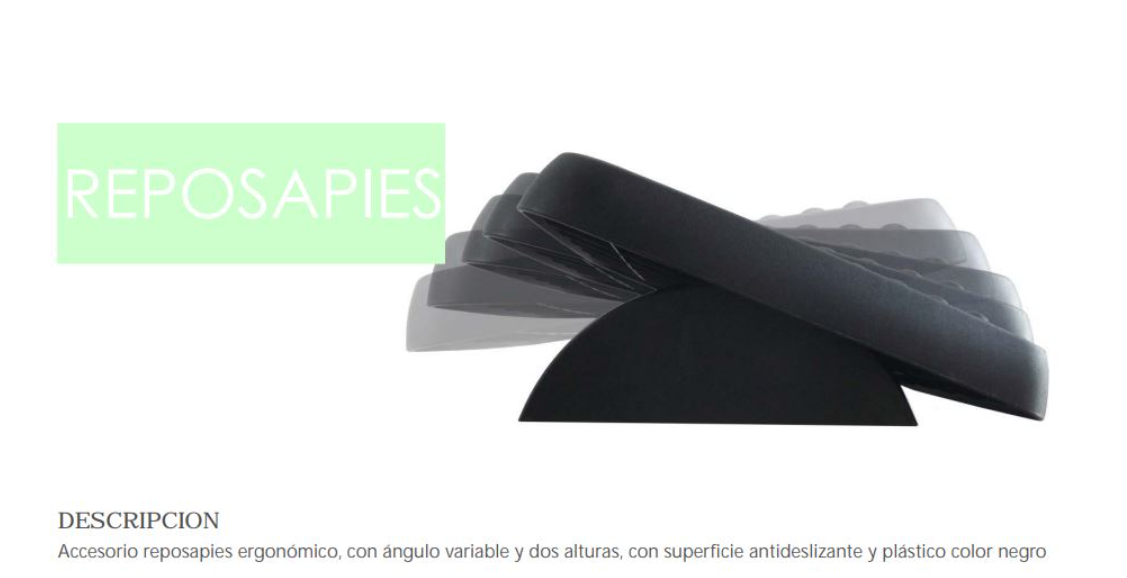 Accesorio reposapiés ergonómico, con ángulo variable y dos alturas, con superficie antideslizante y plástico color negro.