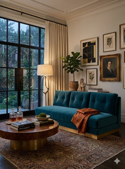 Sofá Cardiff tapizado en terciopelo verde azulado con base dorada en un elegante living con ventanal de hierro negro - Tienda de Banquitos