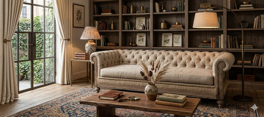 Sofá Deconstructed estilo Chesterfield tapizado en lino beige, ambientado en biblioteca de estilo clásico - Tienda de Banquitos