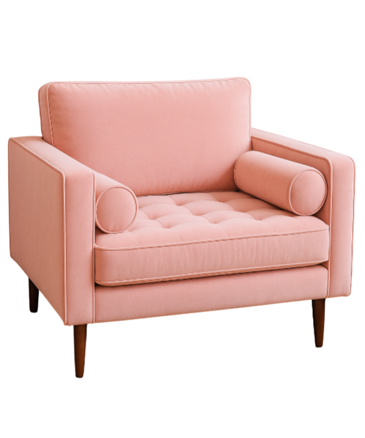 Sillón de un cuerpo estilo escandinavo en color rosa pastel, con patas de madera inclinadas y diseño minimalista, sobre fondo blanco