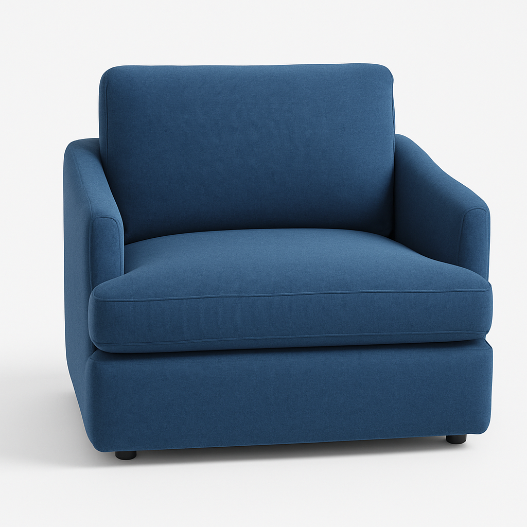 Sillón individual color azul con diseño moderno, apoyabrazos curvos y respaldo acolchado.