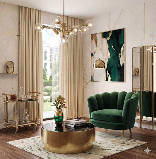 Sillón Florencia de un cuerpo en ambiente cálido, junto a cortinas de lino y mesa ratona de madera clara, tapizado en tono crudo, respaldo curvo y almohadón decorativo