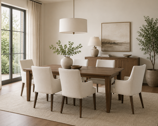 Sillas de comedor tapizadas con estructura de madera, ideales para acompañar mesas de comedor en espacios modernos y elegantes.