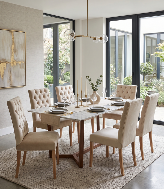 Silla de diseño clásico contemporáneo en tela y estructura de madera maciza para comedor elegante