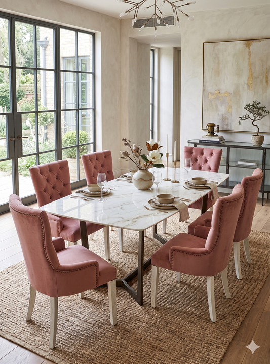 Silla de diseño clásico contemporáneo en tela y estructura de madera maciza para comedor elegante