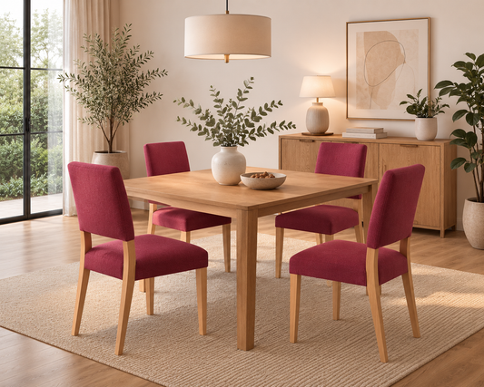 Sillas de comedor tapizadas con estructura de madera, ideales para acompañar mesas de comedor en espacios modernos y elegantes.
