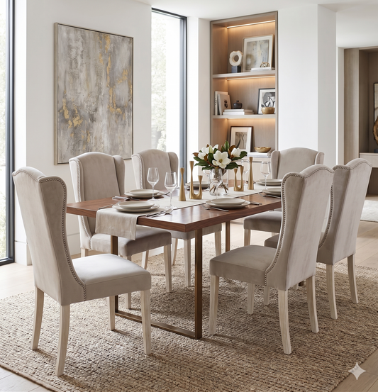 Silla de diseño clásico contemporáneo en tela y estructura de madera maciza para comedor elegante