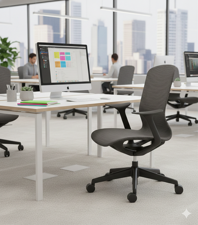 Silla operativa Xenon con respaldo y asiento de malla gris, diseño ergonómico y base con ruedas.