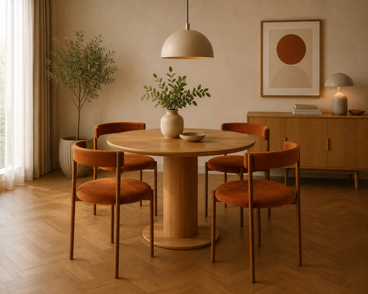 Comedor moderno con 4 sillas de diseño circular en color rosa pastel, tapizado de terciopelo y patas metálicas en conjunto con mesa minimalista.