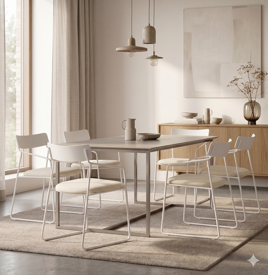 Sillas de comedor tapizadas con estructura de madera, ideales para acompañar mesas de comedor en espacios modernos y elegantes.