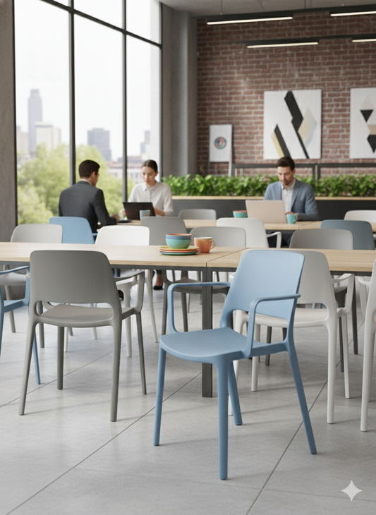 Silla fija plástica City con apoyabrazos integrados y estructura de una sola pieza, diseño moderno para salas de reunión y espacios colaborativos y comedor.