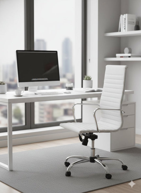 Silla gerencial ALUMINA tapizada en ecocuero blanco con apoyabrazos cromados y base giratoria – TDB Archivos Activos