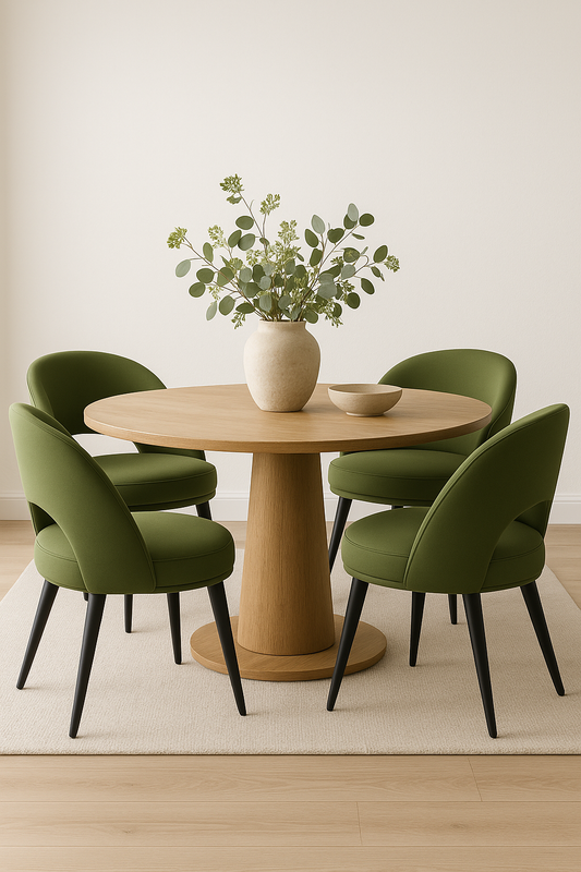 Conjunto de sillas tapizadas en pana verde oliva, con respaldo curvo y patas negras de madera, que combinan elegancia y confort alrededor de una mesa redonda de madera natural