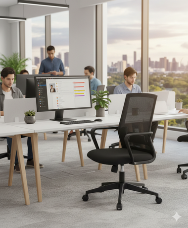 Silla operativa Philly con respaldo de malla negra y asiento acolchado, base con ruedas.
