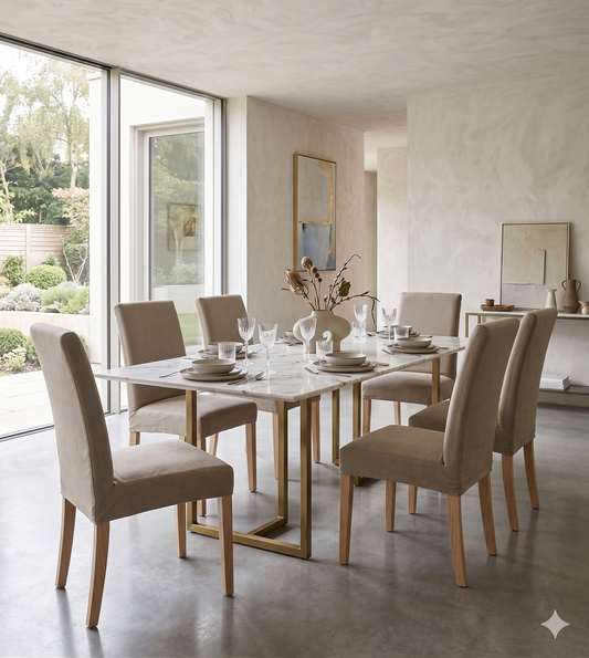 Silla de diseño clásico contemporáneo en tela y estructura de madera maciza para comedor elegante