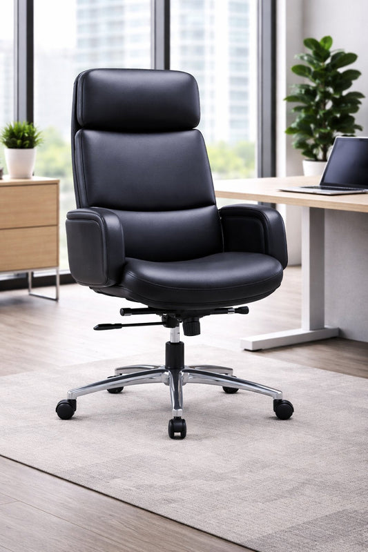 Silla gerencial VOLT tapizada integralmente con apoyabrazos acolchados y base cromada giratoria – TDB Archivos Activos