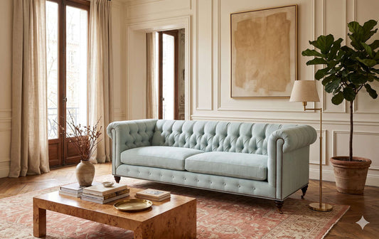 Sofá Chesterfield con capitoné en tela verde agua con patas de madera oscura en un living elegante clásico - Tienda de Banquitos