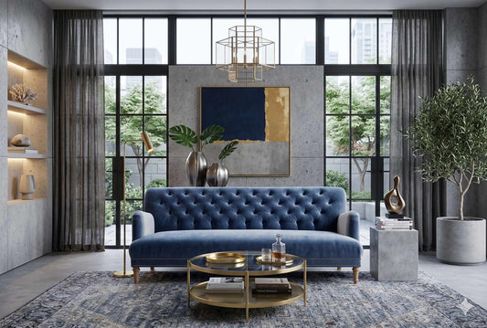 Sofá Oriana con capitoné en terciopelo azul celeste en un living de estilo industrial con paredes de hormigón visto - Tienda de Banquitos