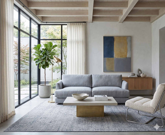 Sofá Elton tapizado en pana gris claro, ambientado en living moderno luminoso - Tienda de Banquitos