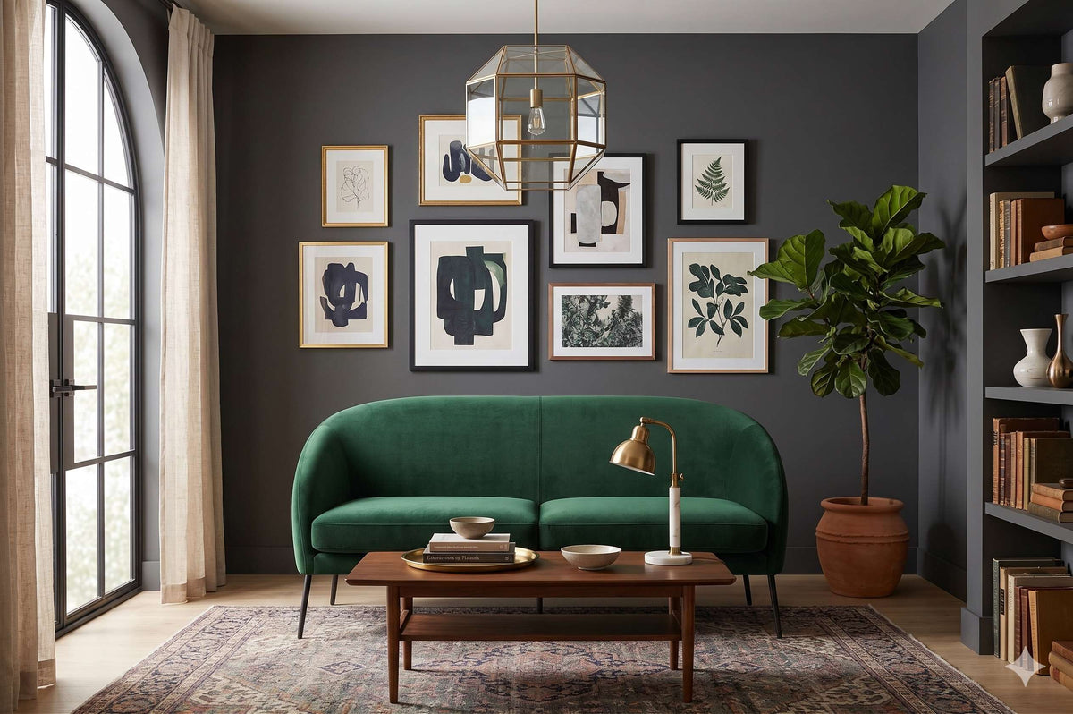 Sofá Paris de dos cuerpos tapizado en terciopelo verde esmeralda con patas de madera, living elegante - Tienda de Banquitos
