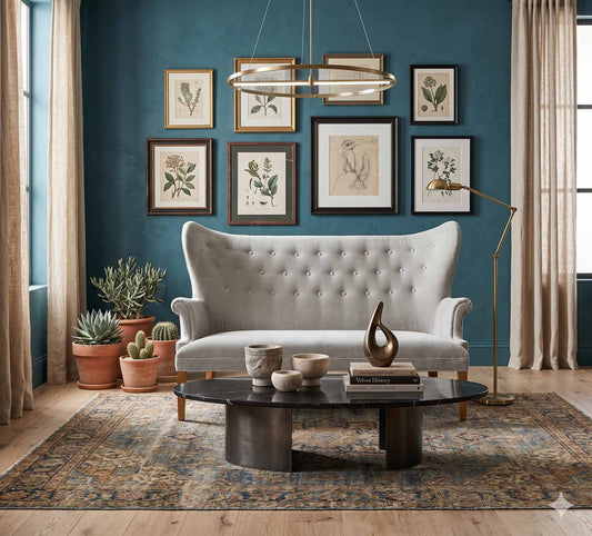 Sofá Rivona estilo wingback con capitoné tapizado en terciopelo gris claro con patas de madera en un living sofisticado - Tienda de Banquitos
