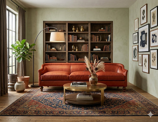 Sofá Grand Sofa de tres cuerpos en cuero color terracota en un living sofisticado con biblioteca empotrada - Tienda de Banquitos