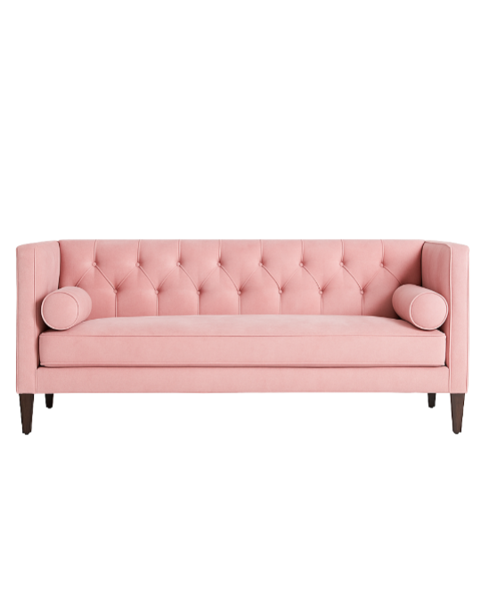 Sofa con capitone en el respaldo y dos almohadones cilindricos a sus extremos