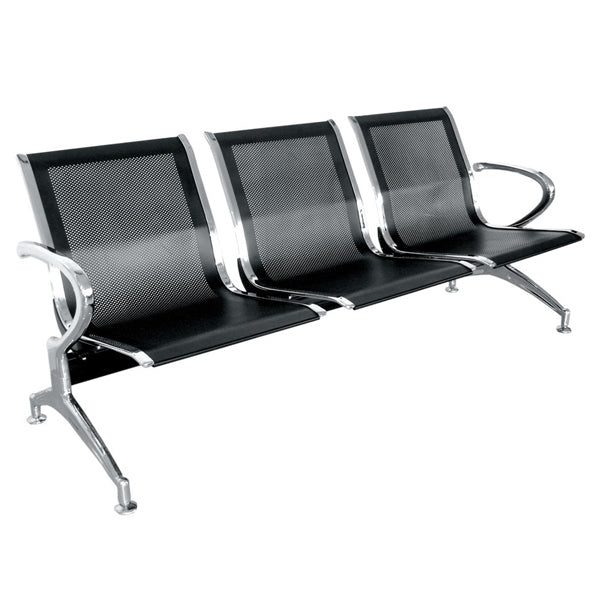 Tandem Torino de tres asientos con estructura metálica y respaldo en malla, ideal para salas de espera en entornos laborales.