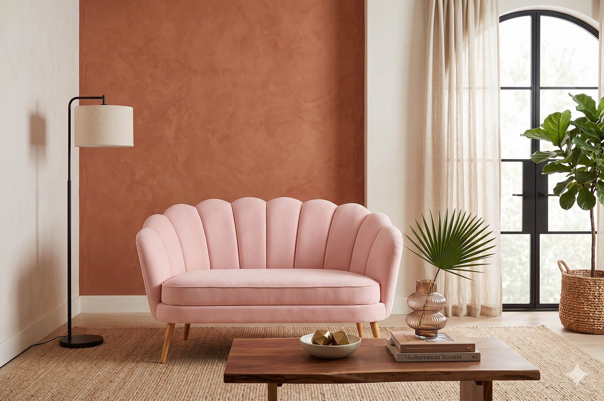 Sofá Florencia de dos cuerpos tapizado en terciopelo rosa pastel con patas de madera, diseño elegante y sofisticado - Tienda de Banquitos