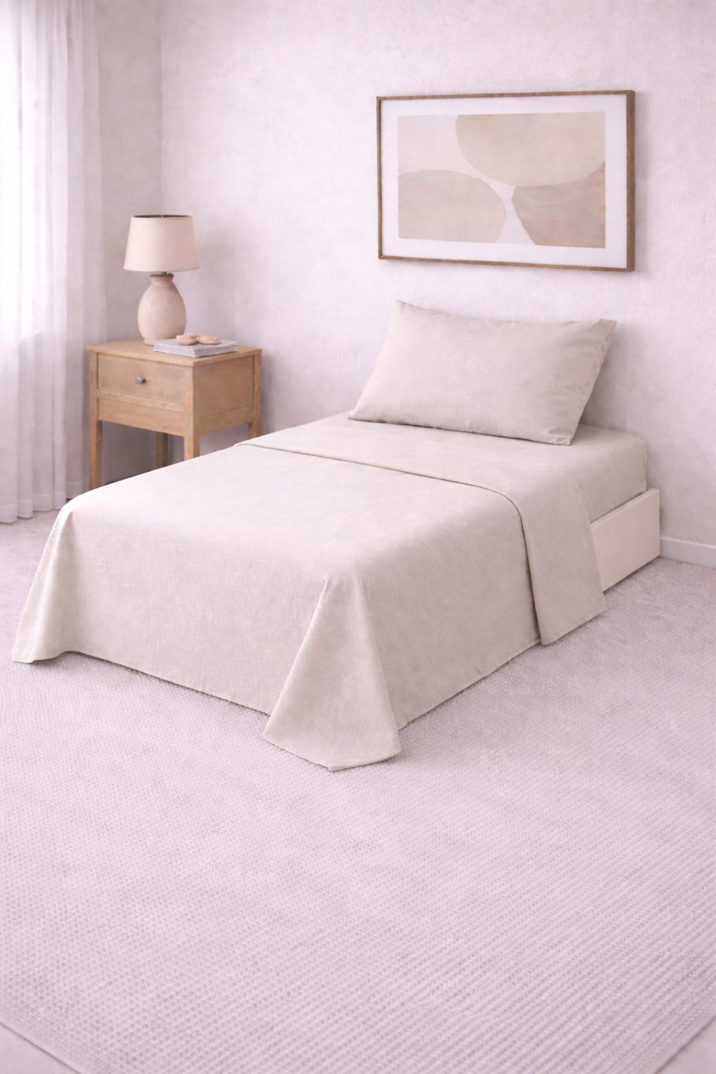 Juego de sábanas lisas Twin visón con una funda de almohada, tendido en una cama de una plaza