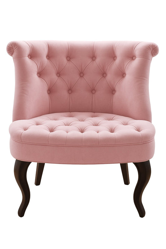 Sillón matero Matilde tapizado en rosa con respaldo capitoné y patas curvas oscuras – Tienda de Banquitos